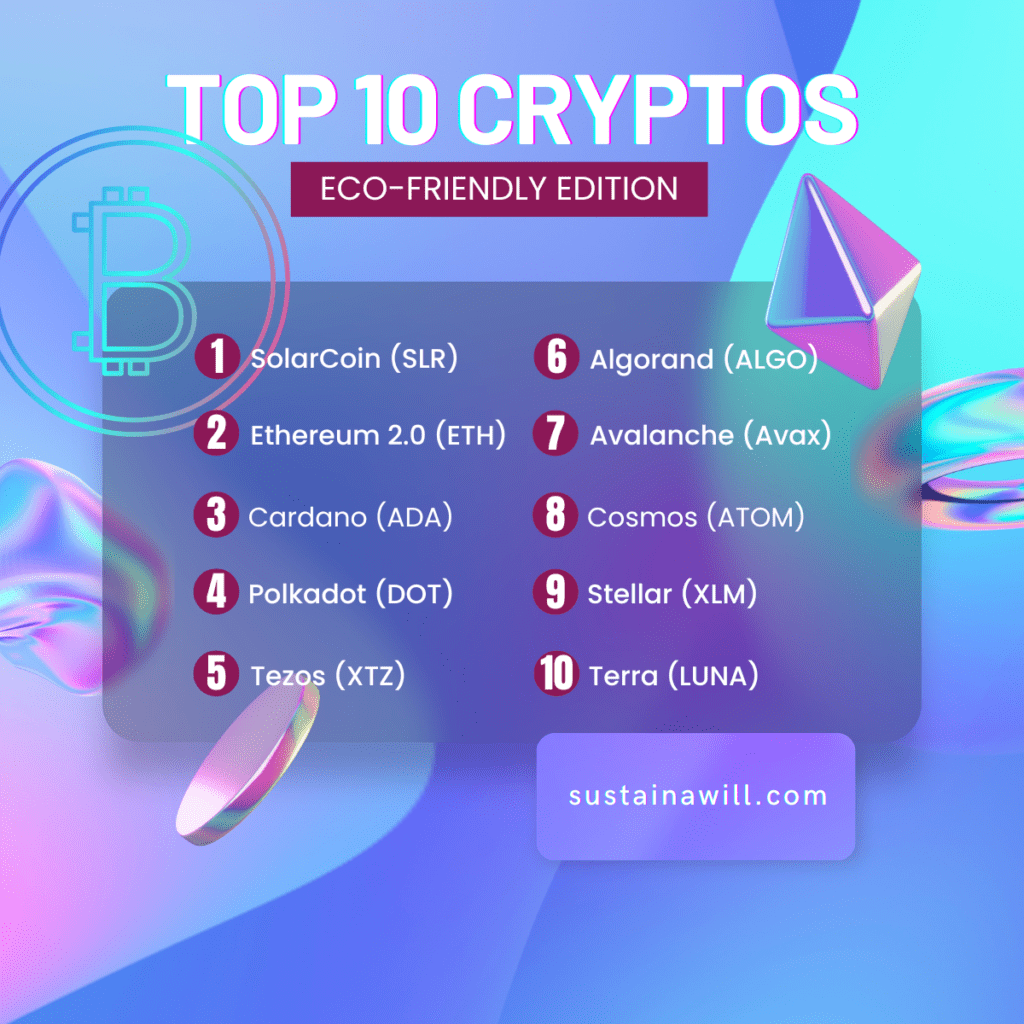 infographic with the top 10 cryptos currencies for environmentally aware people