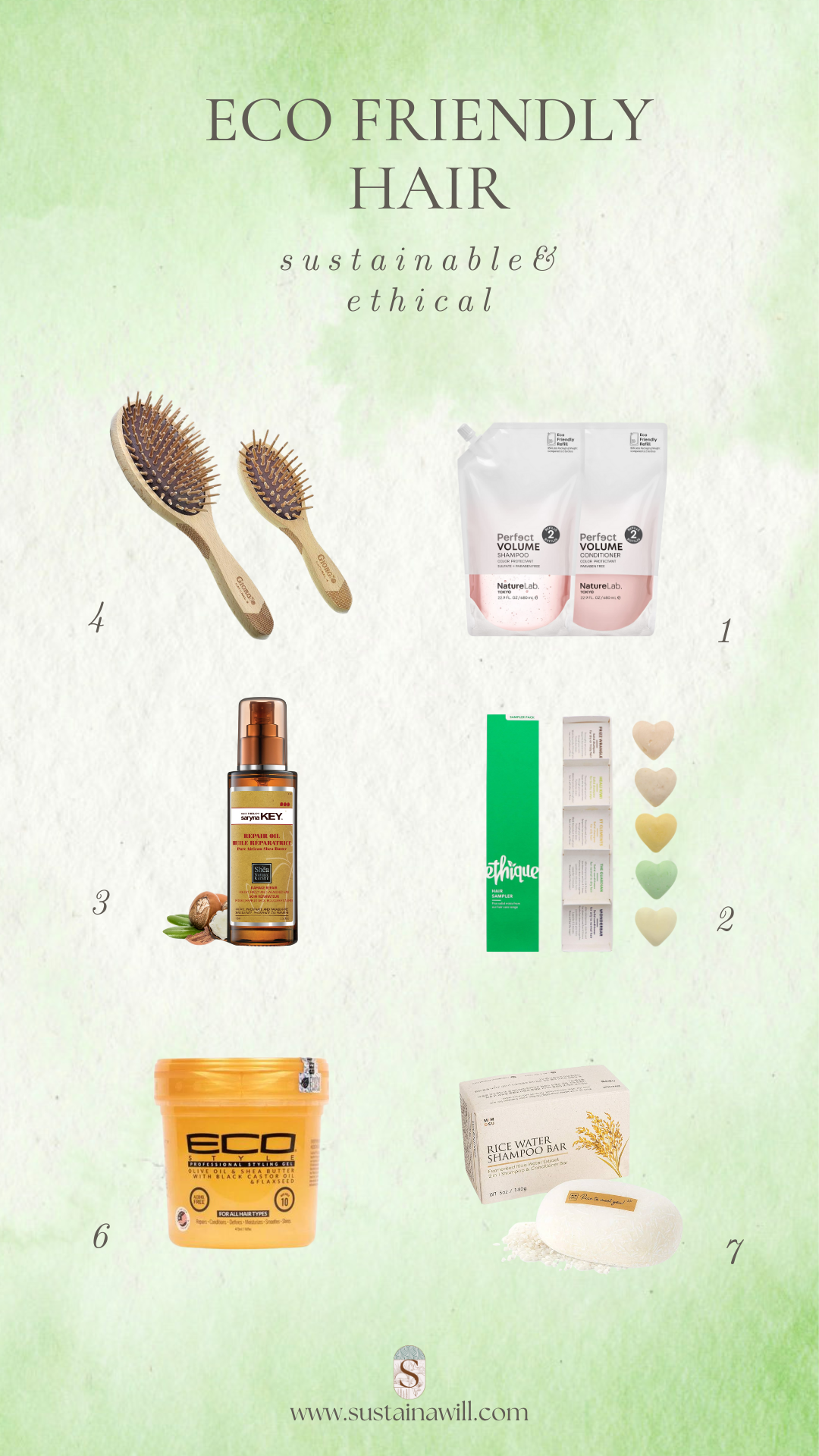 pinterest optimised image showing the 7 best eco friendly hair products like solid shampoo bars and conditioners of 2024 with their names and images