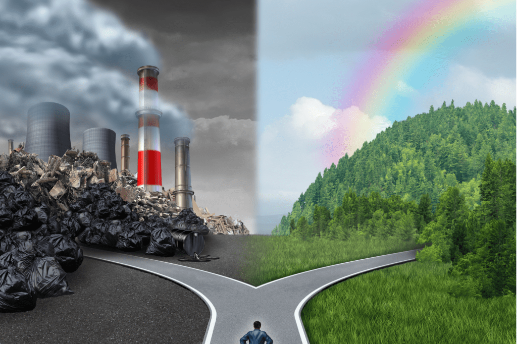 featured image for 101+ Proven Tips To Live a Sustainable Life in 2024 showing a crossroads, one way leading to a green nature the other to a world filled with pollution