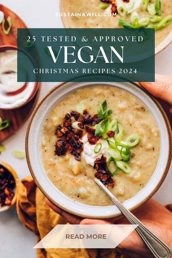 pinterest optimised image for 25+ Tested and Approved Vegan Christmas Recipes for 2024 showing the post title and web address and a vegan leek soup