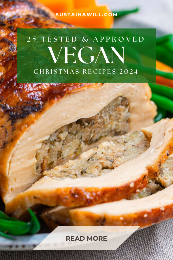 pinterest optimised image for 25+ Tested and Approved Vegan Christmas Recipes for 2024 showing the post title and web address and a vegan turkey roast
