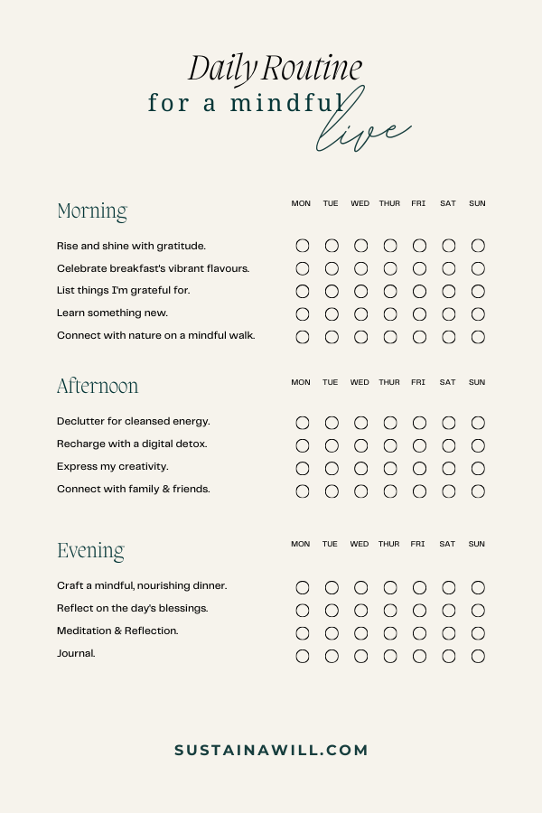 daily routine planner for a blog post called Your 7-Step Guide to Mindful Consumption | with Helpful Examples + Tips