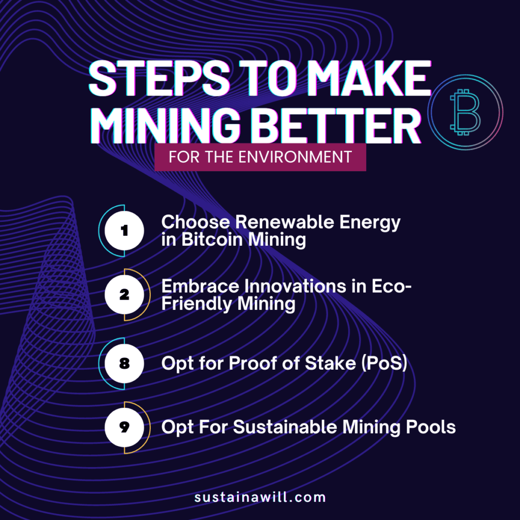 infographic about steps to make mining more environmentally friendly for the blogpost called Can Bitcoin Mining be Environmentally Friendly?