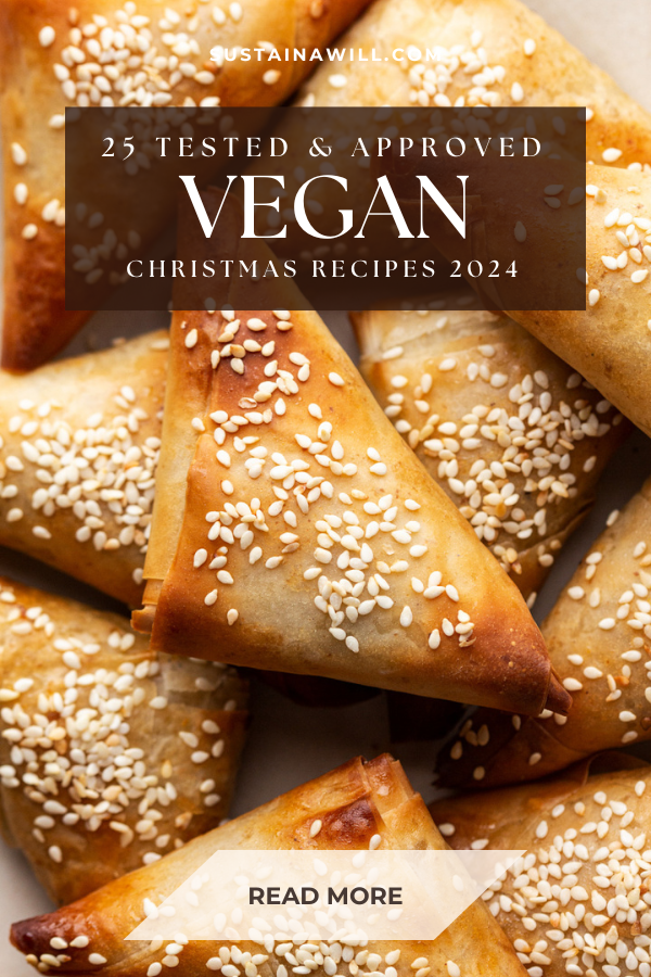 pinterest optimised image for 25+ Tested and Approved Vegan Christmas Recipes for 2024 showing the post title and web address and vegan phyllo appetizers