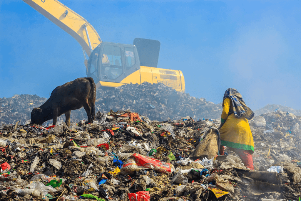 featured image in How to: Minimize Waste (Zero Waste Living Guide 2024) showing a landfill with a poor indian woman on top