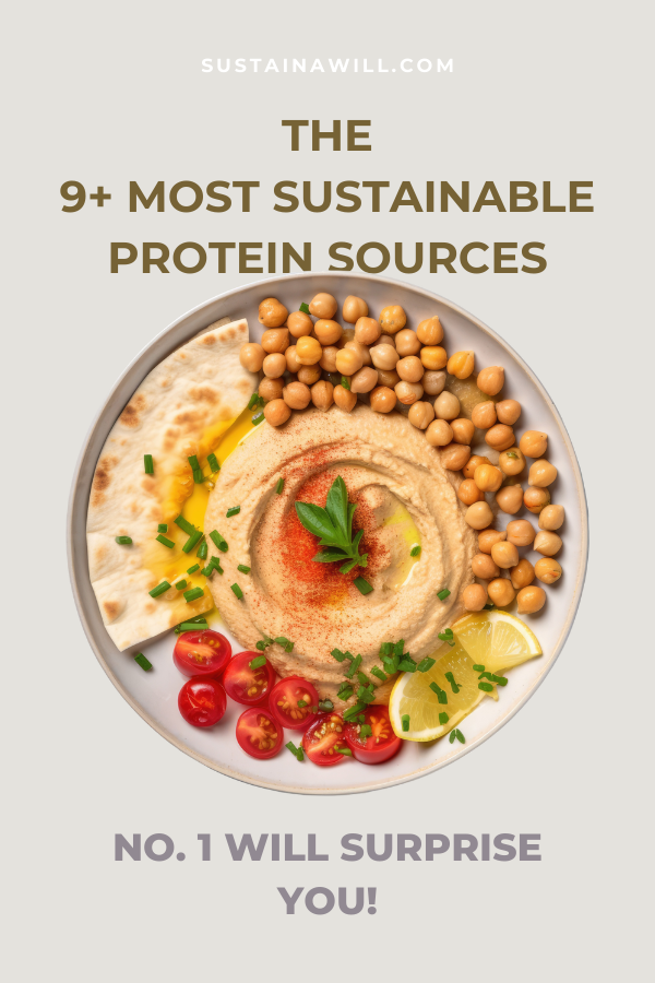 3rd pinterest pin showing the title for a blogpost called Wanna Know The 9+ Most Sustainable Protein Sources? No. 1 Will Surprise You!