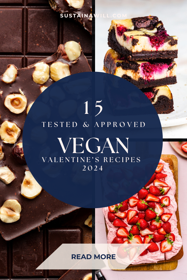 pinterest optimized image showing the web address and post title for 15+ Tested and Approved Romantic valentine's day recipes (Vegan) 