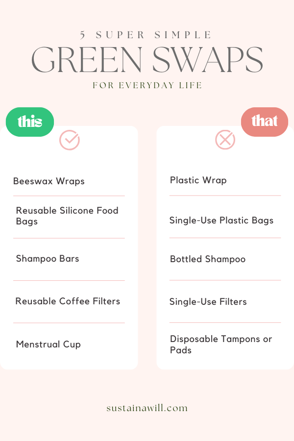 infographic featured in What is Sustainable Living? Explained With 5 Easy Examples showing green swap ideas for common everyday objects