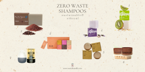 image for 7 Amazing Zero Waste Shampoos and Conditioners for 2024 showing the 7 best solid shampoo bars and conditioners of 2024 with their names and images