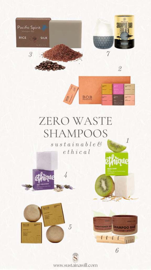 pinterest optimised image for 7 Amazing Zero Waste Shampoos and Conditioners for 2024 showing the 7 best solid shampoo bars and conditioners of 2024 with their names and images