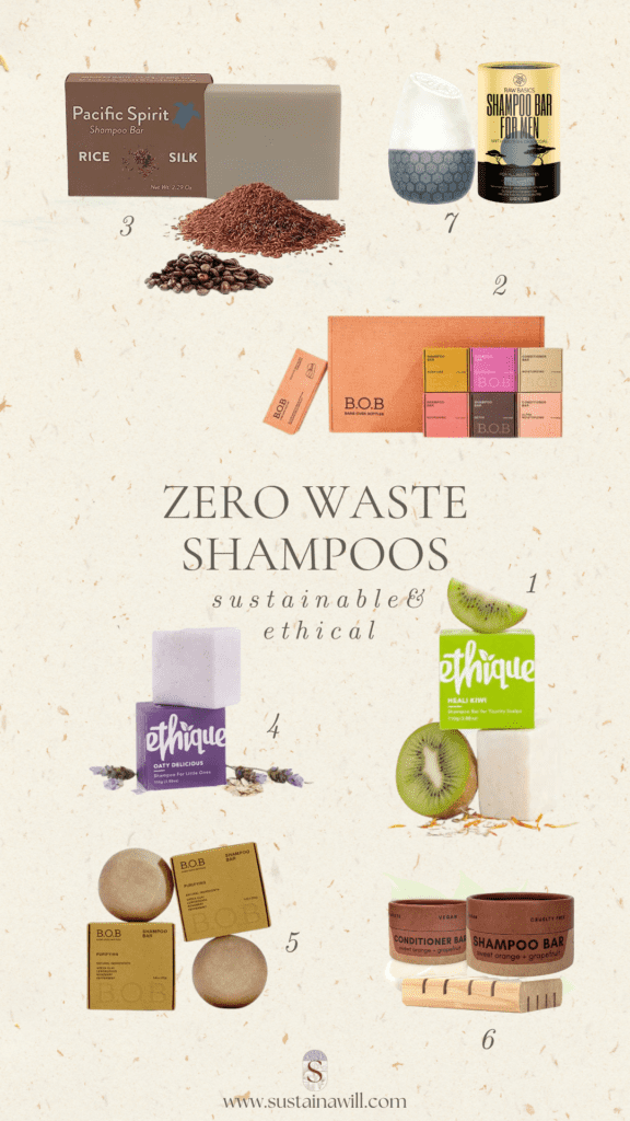 2nd pinterest optimised image for 7 Amazing Zero Waste Shampoos and Conditioners for 2024 showing the 7 best solid shampoo bars and conditioners of 2024 with their names and images