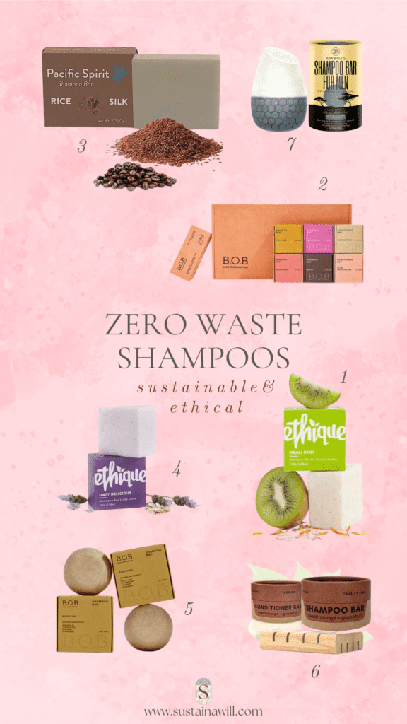 3rd pinterest optimised image for 7 Amazing Zero Waste Shampoos and Conditioners for 2024 showing the 7 best solid shampoo bars and conditioners of 2024 with their names and images