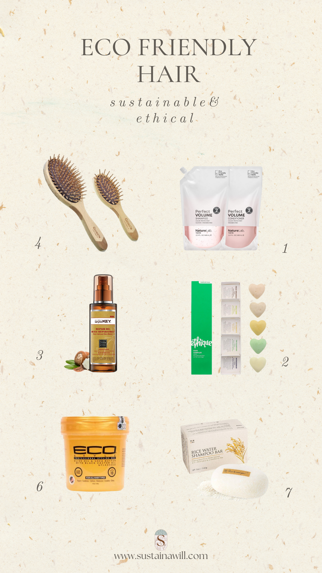 3rd pinterest optimised image showing the 7 best eco friendly hair products like solid shampoo bars and conditioners of 2024 with their names and images