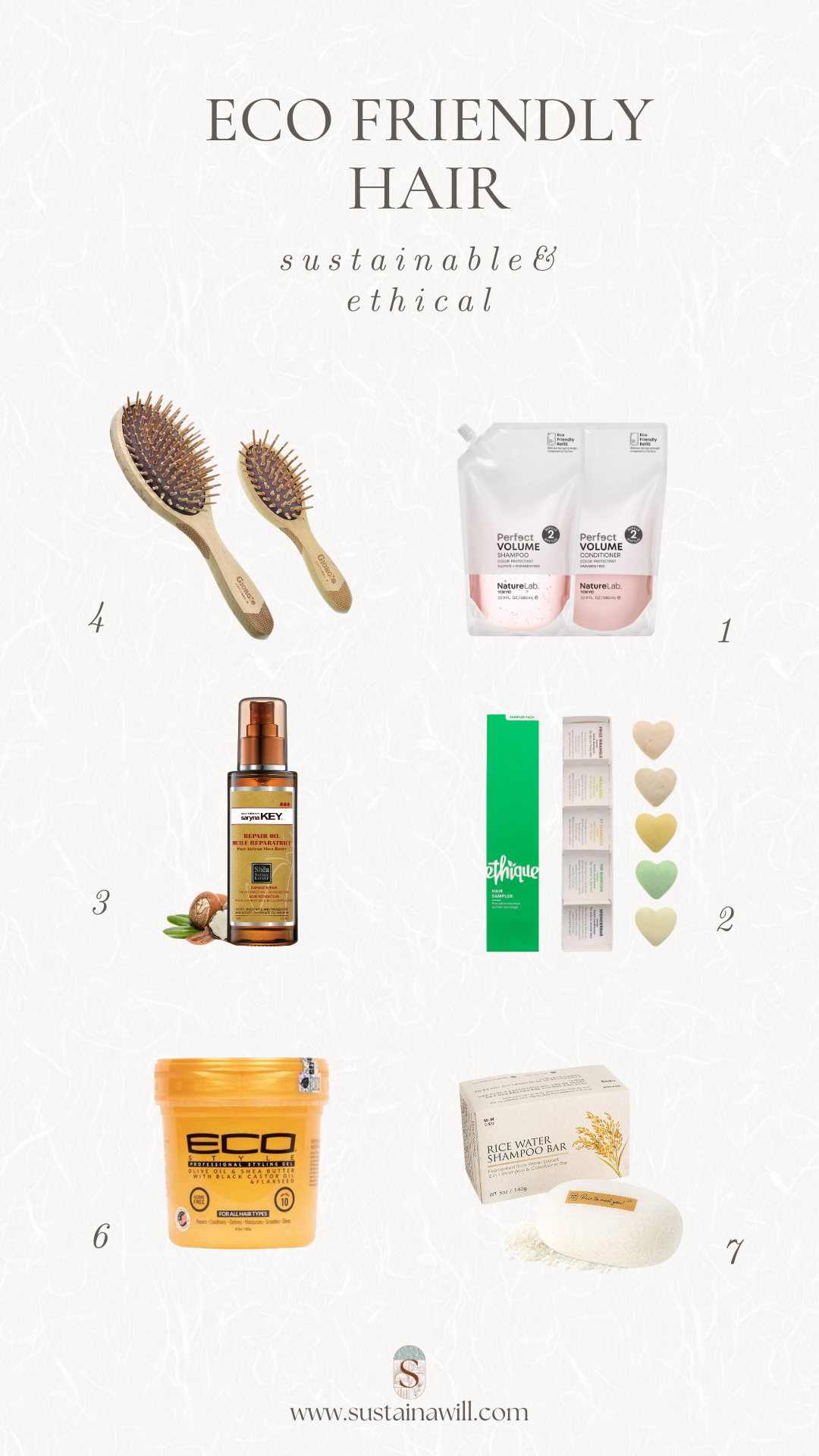 2nd pinterest optimised image showing the 7 best eco friendly hair products like solid shampoo bars and conditioners of 2024 with their names and images