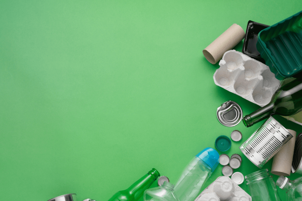 image featured in How To Make Your Skin Care Routine Sustainable in 7 Easy Ways showing empty bottles ready for recycling