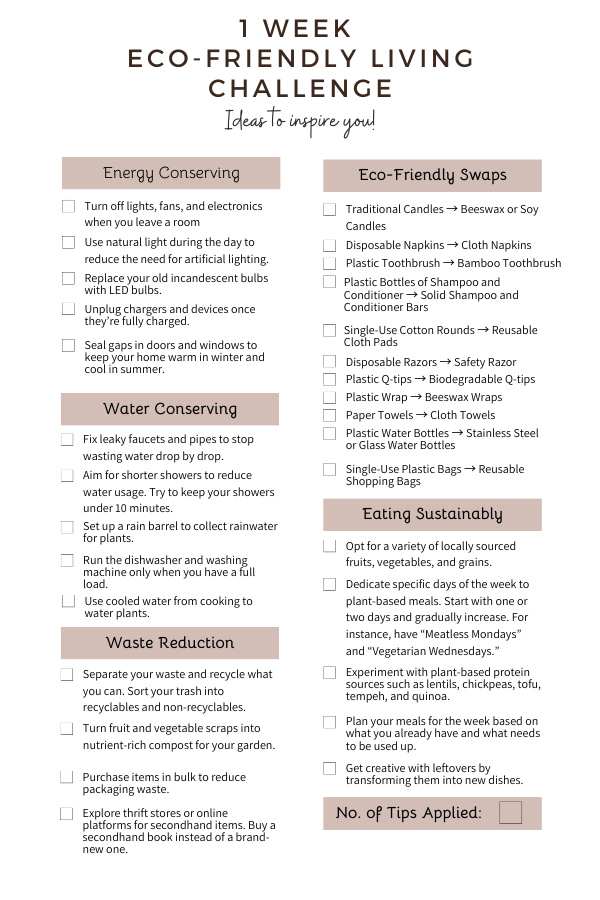 10 days eco-friendly living challenge with various tips to live sustainably