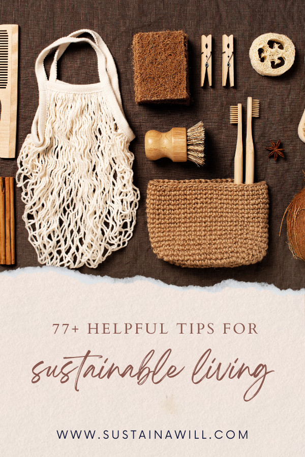 pinterest optimized image showing the post title and web address for 77+ Helpful Sustainable Living Tips For Your Home