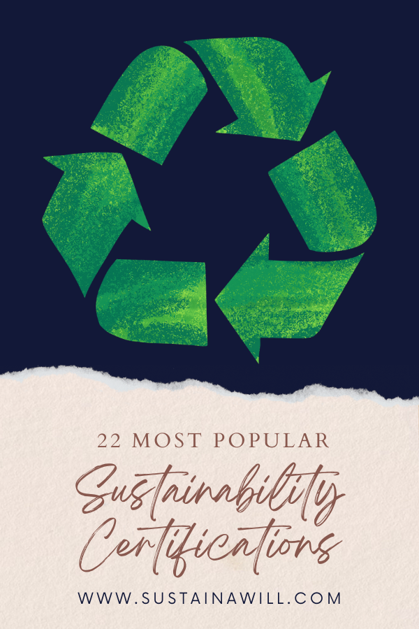pinterest optimized image showing the post title and web address for 22 Most Popular Sustainability Certifications You Need to Know