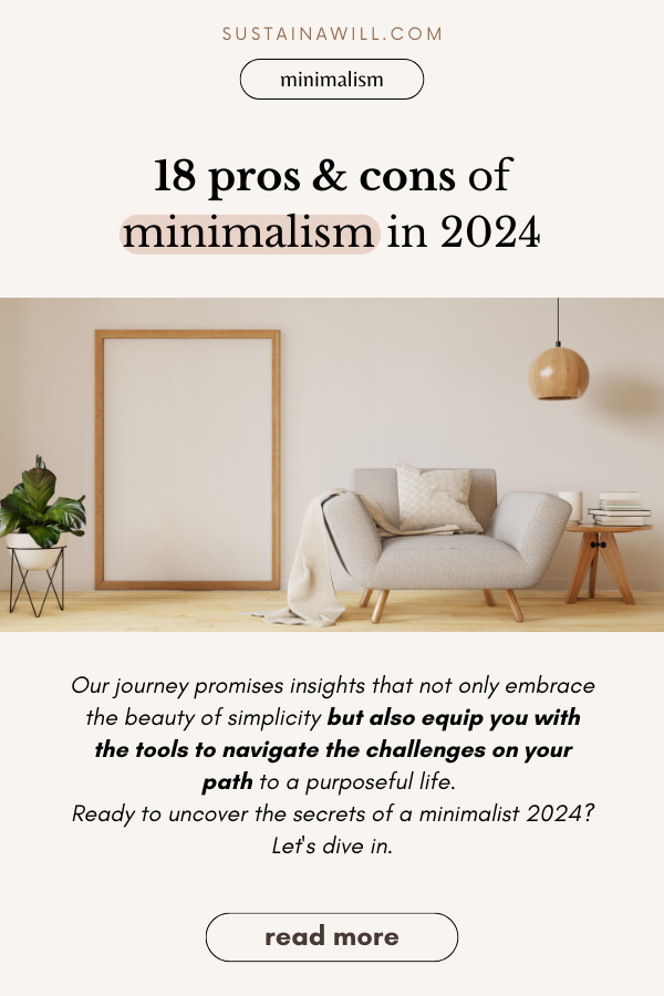 2nd pinterest optimized image showing the post title and web address for All Interesting Pros and Cons of Minimalism in 2024