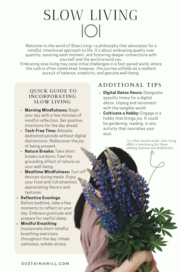 infographic with information on what slow living is and a quick guide on how to incorporate slow living