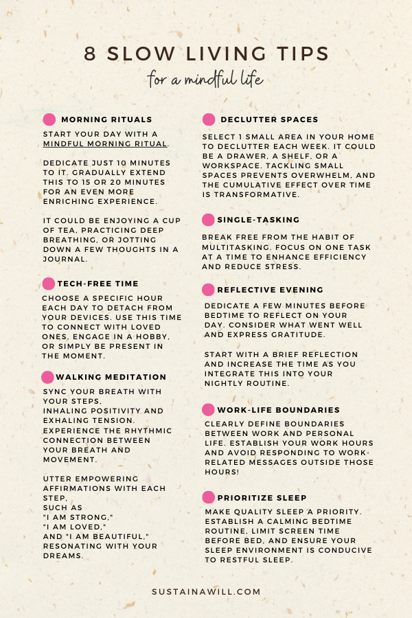 infographic showing 8 slow living tips