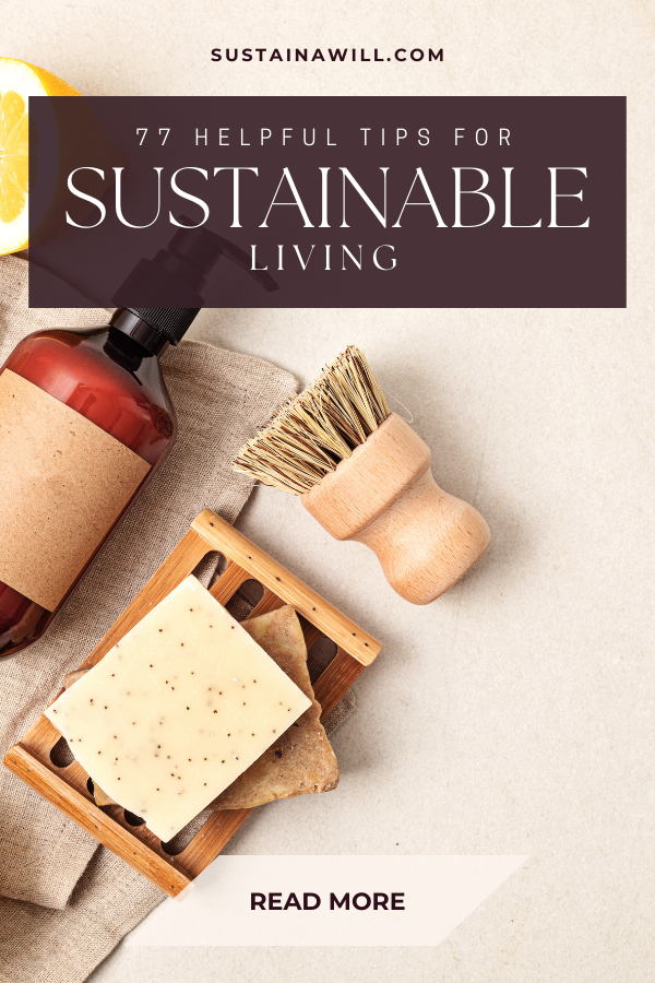 2nd pinterest optimized image showing the post title and web address for 77+ Helpful Sustainable Living Tips For Your Home