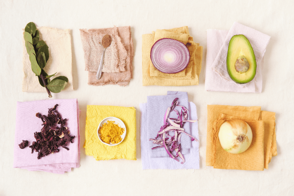 image showing natural plant-based dye examples like avocado pits, red beets, spinach and onions