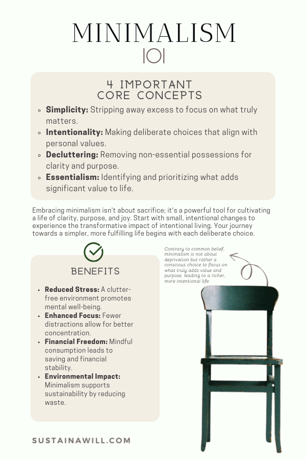 an infographic explaining the core values of minimalism and the benefits of leading a minimalist life