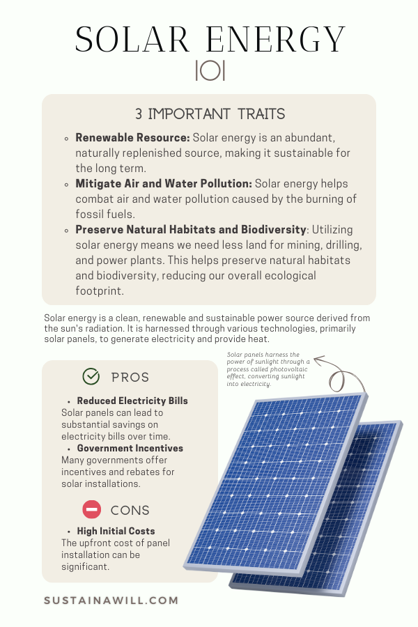 an infographic about solar energy talking about what it is, what the benefits and drawbacks are