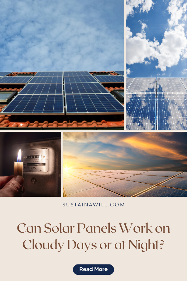 Pinterest optimized image showing the post title and web address for Can Solar Panels Work on Cloudy Days or at Night?