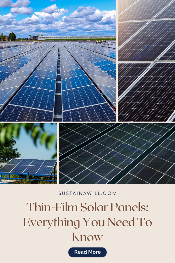 Pinterest optimized image showing the pin title and web address for a blog post called Thin-Film Solar Panels: Everything You Need To Know
