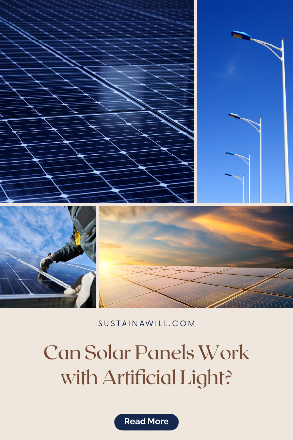 Pinterest optimized image showing post title and web address for a post called Can Solar Panels Work with Artificial Light? 