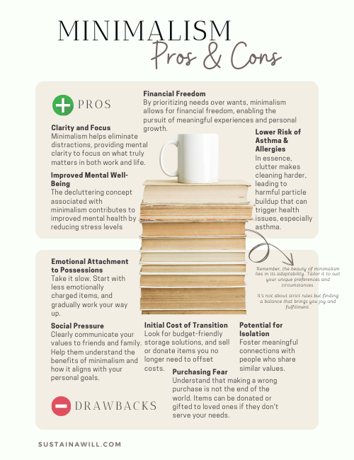 infographic showing selected pros and cons of minimalism including tips to overcome the cons