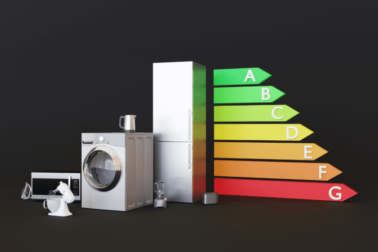 kitchen appliances next to a energy efficiency chart