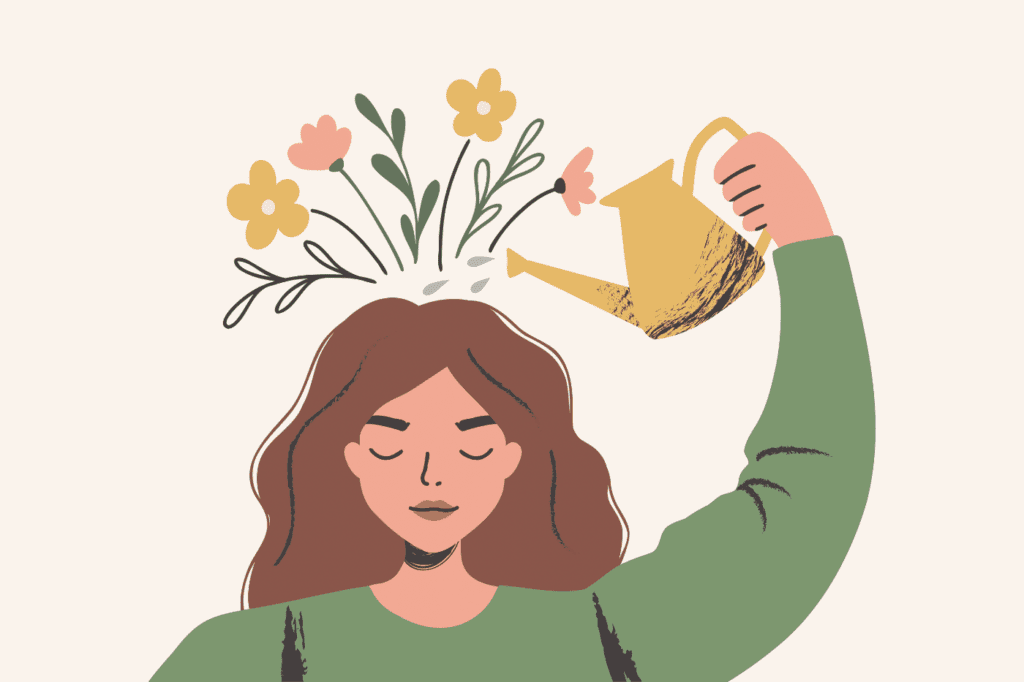 a woman watering flowers that come out of the crown of her head