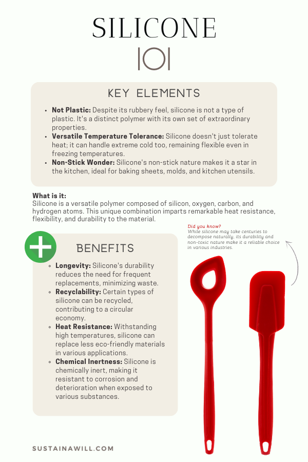 infographic about silicone, showing the key elements, what it is and the benefits