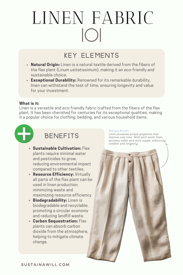 infographic about linen, showing the key elements, giving the answer to: what is linen and the benefits