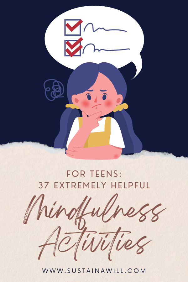 Pinterest optimized image showing the post title and web address for 37+ Fun & Helpful Mindfulness Activities For Teens